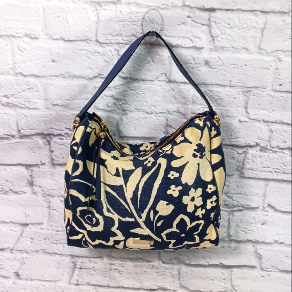 Kate Spade blue and white print canvas hobo bag
